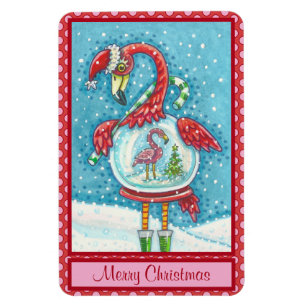 PINK FLAMINGO WEIHNACHTEN WEISS SCHNEEKUGEL MAGNET