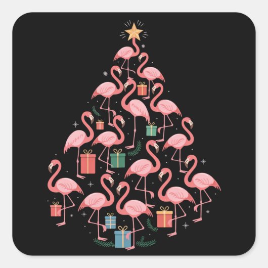 Pink Flamingo Weihnachtsbaum Flamingos Holiday Quadratischer Aufkleber (Vorderseite)