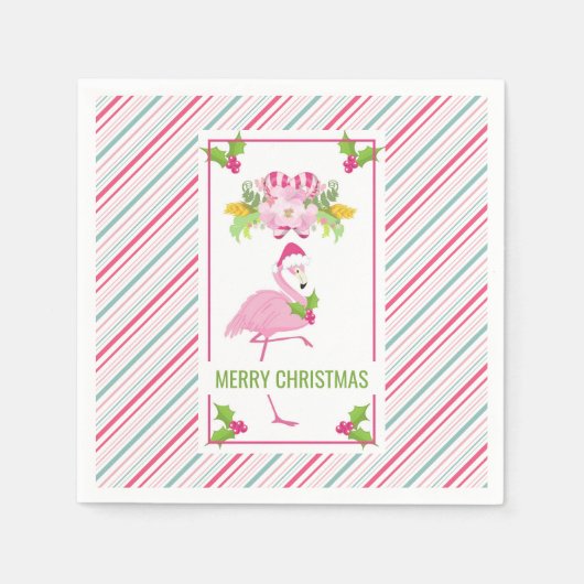 Pink Flamingo Weihnachtsmannmütze Candy Canes und Serviette (Vorderseite)