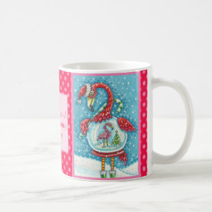 PINK FLAMINGO, WEISSE CHRISTMAS SCHNEE GLOBE TASSE