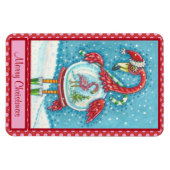 PINK FLAMINGO WHITE CHRISTMAS SNOW GLOBE MAGNET (Horizontal)