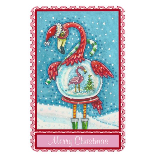 PINK FLAMINGO WHITE CHRISTMAS SNOW GLOBE MAGNET (Vertikal)