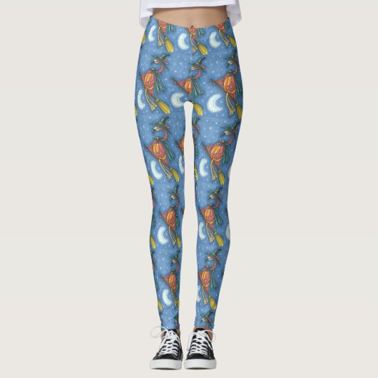 PINK FLAMINGO WITCH AUF BROOM HALLOWEWEEN LEGGINGS (Vorderseite)