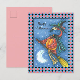 PINK FLAMINGO WITCH, FLIEGT ÜBER DEM MOND AUF EINE FEIERTAGSPOSTKARTE