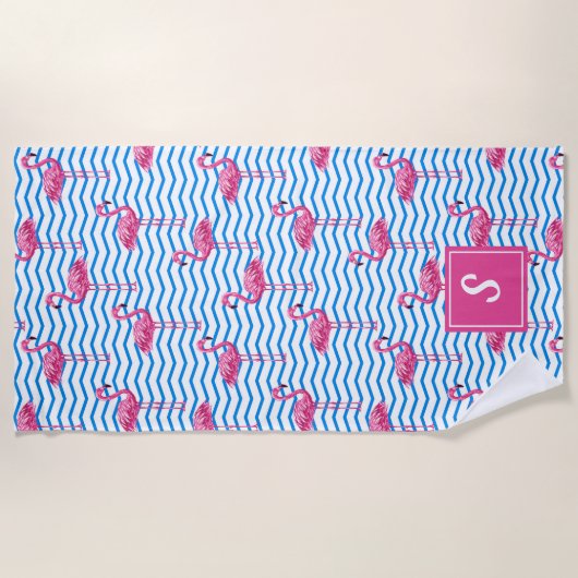 Pink Flamingos Abstrakt Chevrons Mit Monogramm Strandtuch (Vorderseite)
