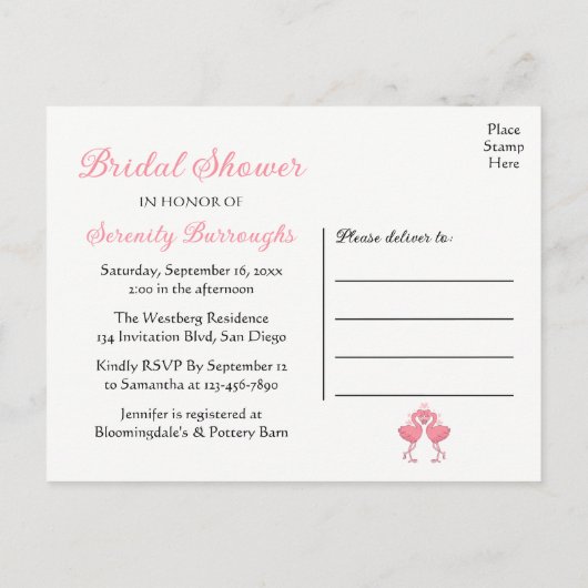 Pink Flamingos Brautparty Tropical Summer Luau Einladungspostkarte (Rückseite)