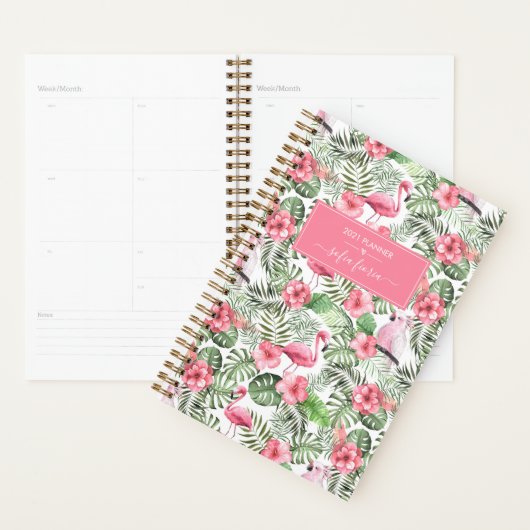 Pink Flamingos Cockatiels Palms Script Name 2021 Planer (Anzeige)