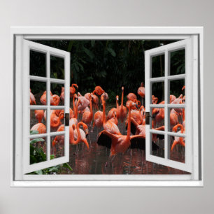Pink Flamingos Fake Window View Poster