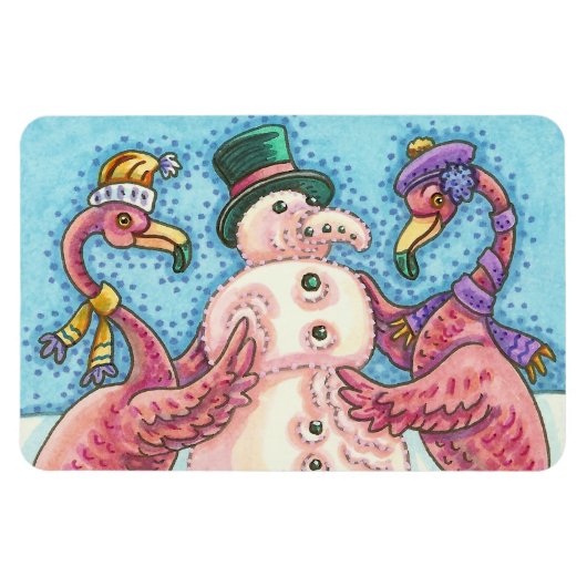 PINK FLAMINGOS GEBÄUDE SNOWMAN, CHRISTMAS MAGNET (Horizontal)