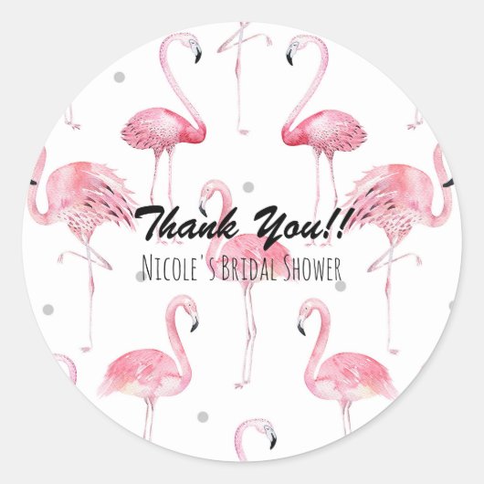 Pink Flamingos Gray Polka Dots Chic Gevor Runder Aufkleber (Vorderseite)