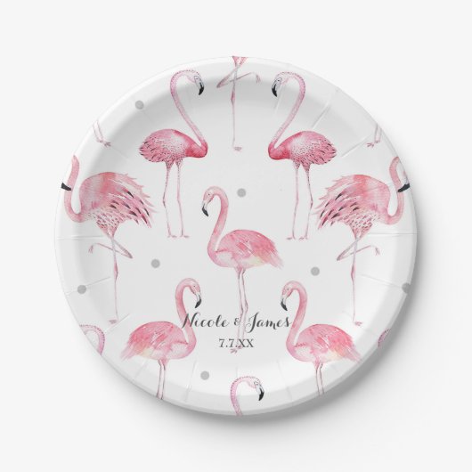 Pink Flamingos Gray Polka Dots Chic Muster Party Pappteller (Vorderseite)