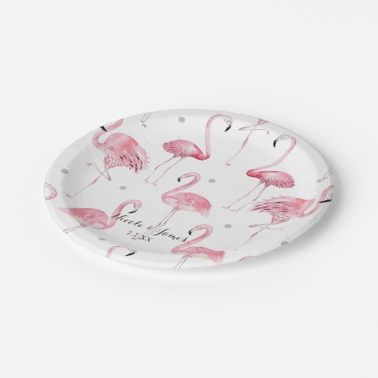 Pink Flamingos Gray Polka Dots Chic Muster Party Pappteller (Schrägansicht)