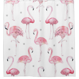 Pink Flamingos Gray Polka Dots Chic Tropical Duschvorhang