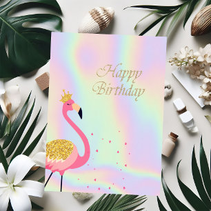 Pink Flamingos Hearts Holographic Birthday Karte