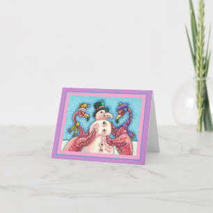PINK FLAMINGOS MACHEN SNOWMAN, FUNNY CHRISTMAS Bla Karte