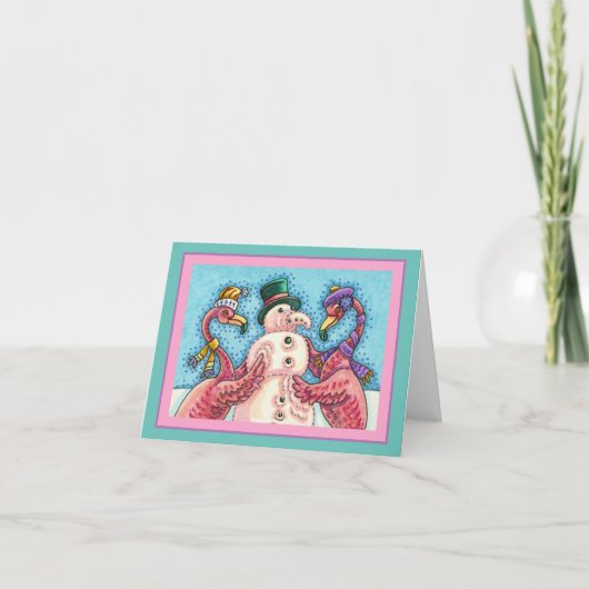 PINK FLAMINGOS MACHEN SNOWMAN, FUNNY CHRISTMAS Bla Karte (Vorderseite)