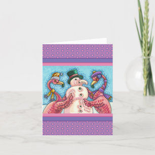 PINK FLAMINGOS MACHEN SNOWMAN, FUNNY CHRISTMAS Bla Karte
