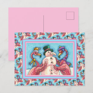 PINK FLAMINGOS MACHEN SNOWMAN, FUNNY CHRISTMAS VÖG FEIERTAGSPOSTKARTE
