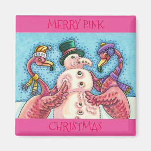 PINK FLAMINGOS MACHEN SNOWMAN, FUNNY CHRISTMAS VÖG MAGNET