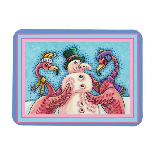 PINK FLAMINGOS MACHEN SNOWMAN, FUNNY CHRISTMAS VÖG MAGNET (Horizontal)