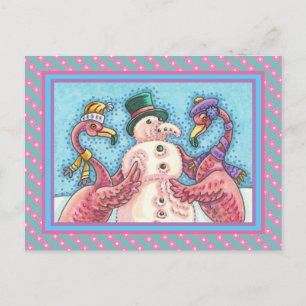 PINK FLAMINGOS MACHEN SNOWMAN, FUNNY CHRISTMAS VÖG POSTKARTE