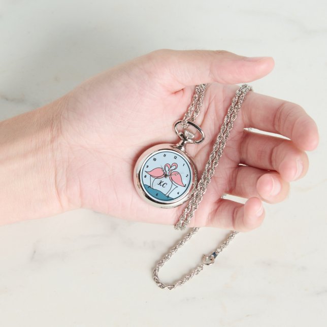Pink Flamingos Monogram Silver Necklace Watch Armbanduhr (Hand)