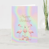 Pink Flamingos Santa Hat Holographic Birthday Karte (Vorderseite)
