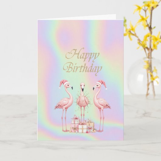 Pink Flamingos Santa Hat Holographic Birthday Karte (Gelbe Blume)