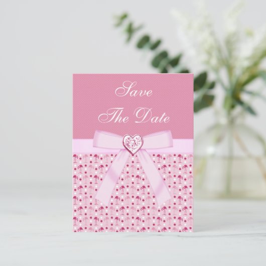 Pink Flamingos Save the Date Hochzeit Ankündigungspostkarte (Stehend Vorderseite)