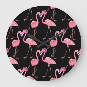 Pink Flamingos: Schwarzer Hintergrund Vintag Große Wanduhr
