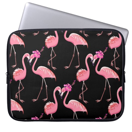 Pink Flamingos: Schwarzer Hintergrund Vintag Laptopschutzhülle (Vorderseite)