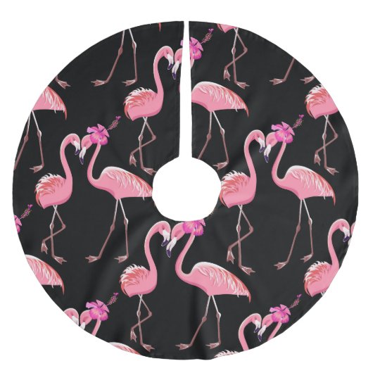 Pink Flamingos: Schwarzer Hintergrund Vintag Polyester Weihnachtsbaumdecke (Vorderseite)