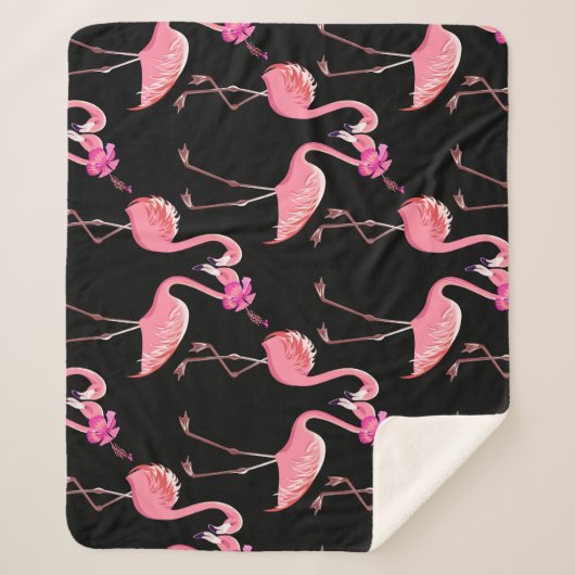 Pink Flamingos: Schwarzer Hintergrund Vintag Sherpadecke (Vorderseite)