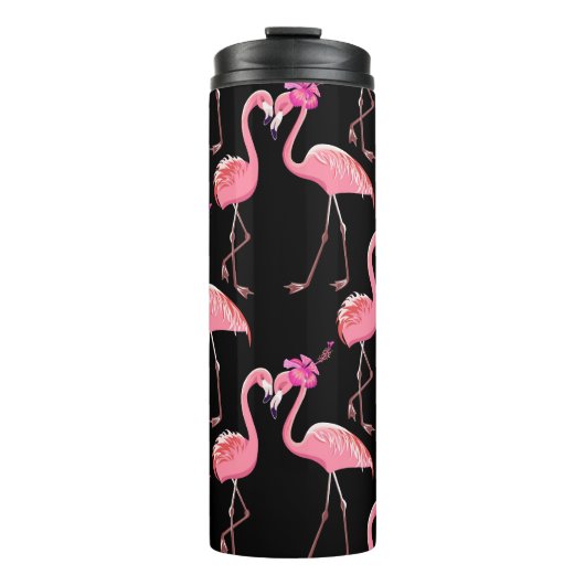 Pink Flamingos: Schwarzer Hintergrund Vintag Thermosbecher (Vorderseite)