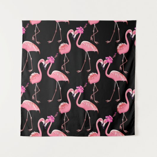 Pink Flamingos: Schwarzer Hintergrund Vintag Wandteppich (Vorderseite)