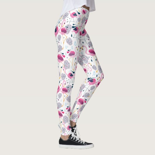 Pink Flamingos Stilisierte tropische Blume Muster Leggings (Rechts)