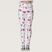 Pink Flamingos Stilisierte tropische Blume Muster Leggings (Vorderseite)