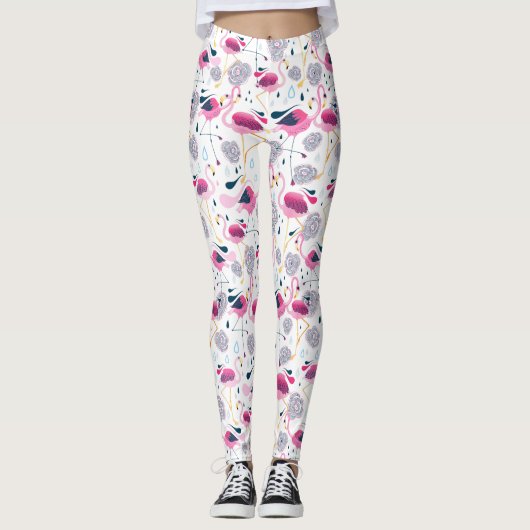 Pink Flamingos Stilisierte tropische Blume Muster Leggings (Vorderseite)