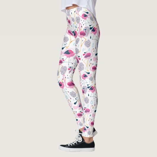 Pink Flamingos Stilisierte tropische Blume Muster Leggings (Links)