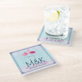 Pink Flamingos & Stylized Beach Water Waves Glasuntersetzer (Schrägansicht)