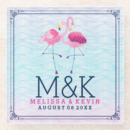 Pink Flamingos & Stylized Beach Water Waves Glasuntersetzer (Vorderseite)