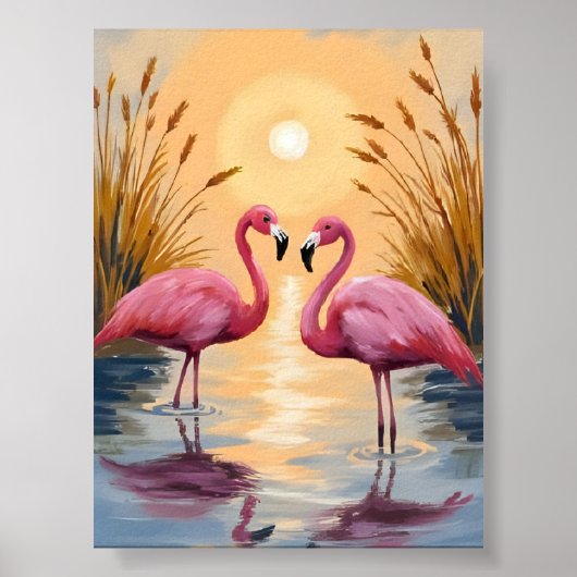 Pink Flamingos Sunset Animal Painting Poster (Vorne)