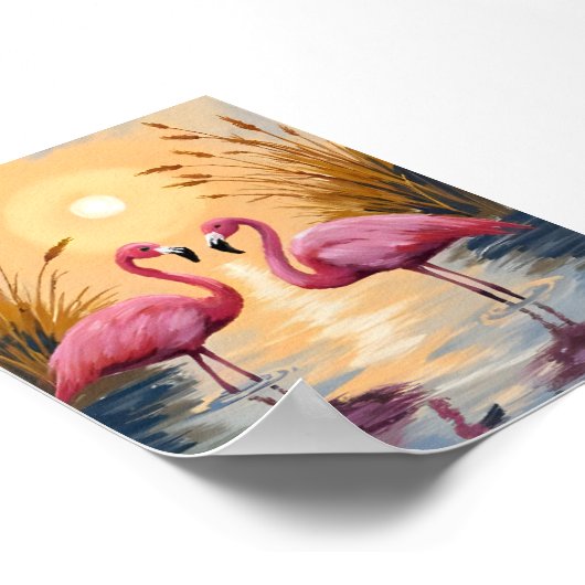 Pink Flamingos Sunset Animal Painting Poster (Ecke)