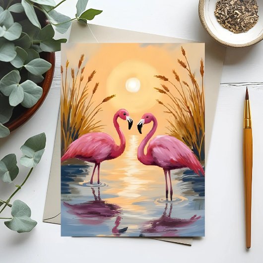 Pink Flamingos Sunset Animal Painting Postkarte