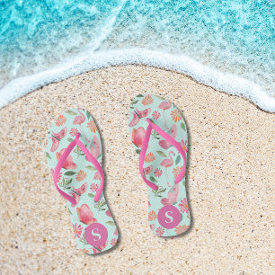 Pink Flamingos Tropical Floral Pattern Mit Monogra Badesandalen