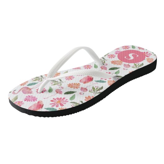 Pink Flamingos Tropical Floral Pattern Mit Monogra Badesandalen (Schrägansicht)
