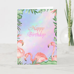 Pink Flamingos Tropical Holographic Birthday Karte