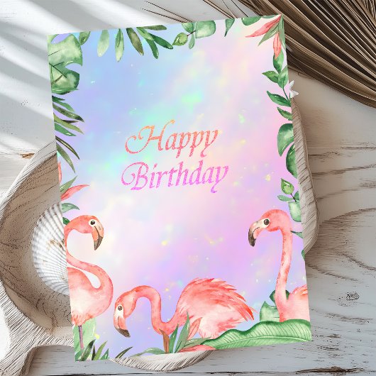 Pink Flamingos Tropical Holographic Birthday Karte
