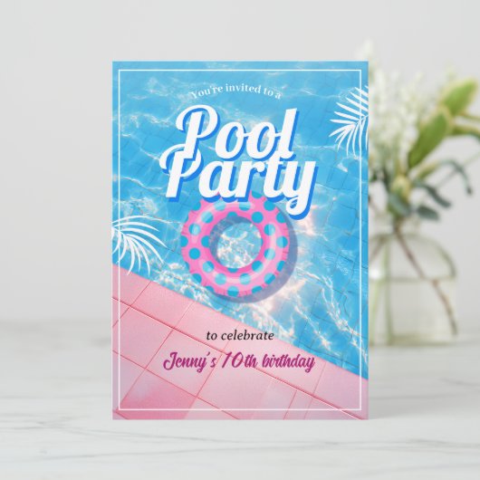 Pink Floaty Pool Party Einladung (Stehend Vorderseite)