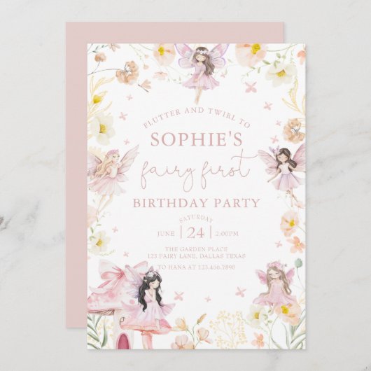 Pink Flora Fairy Erster Geburtstag Einladung (Vorne/Hinten)